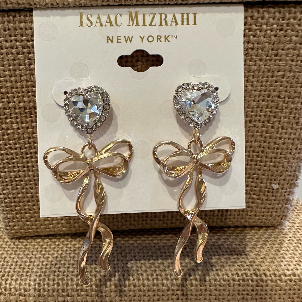 Nwt Isaac Mizrahi Earrings Clear Crystal Heart Clear Rhinestones Gold Tone Bow 24$